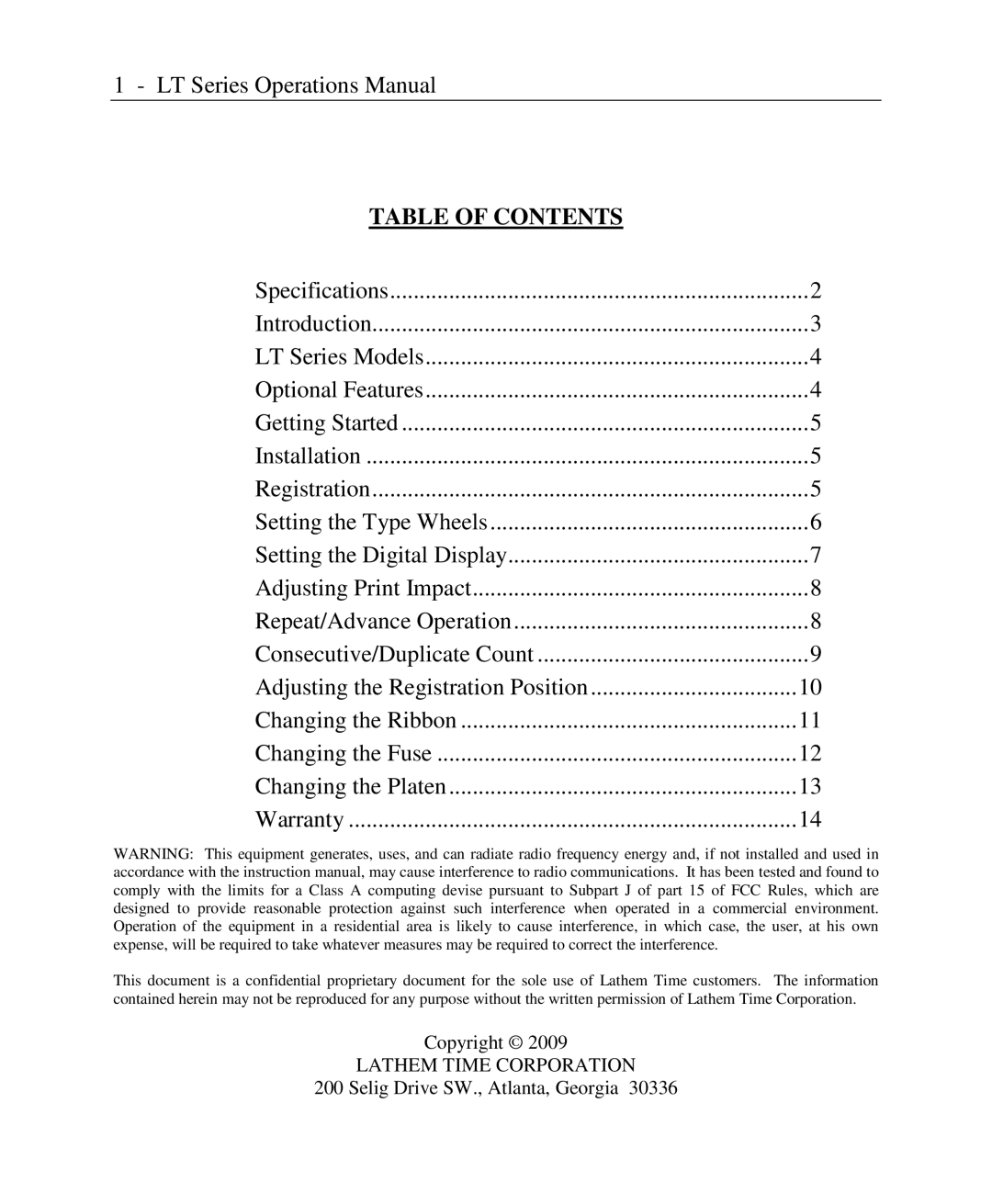 Lathem LTTNC, LTN, LTD, LT Series, LTTC user manual Table of Contents 