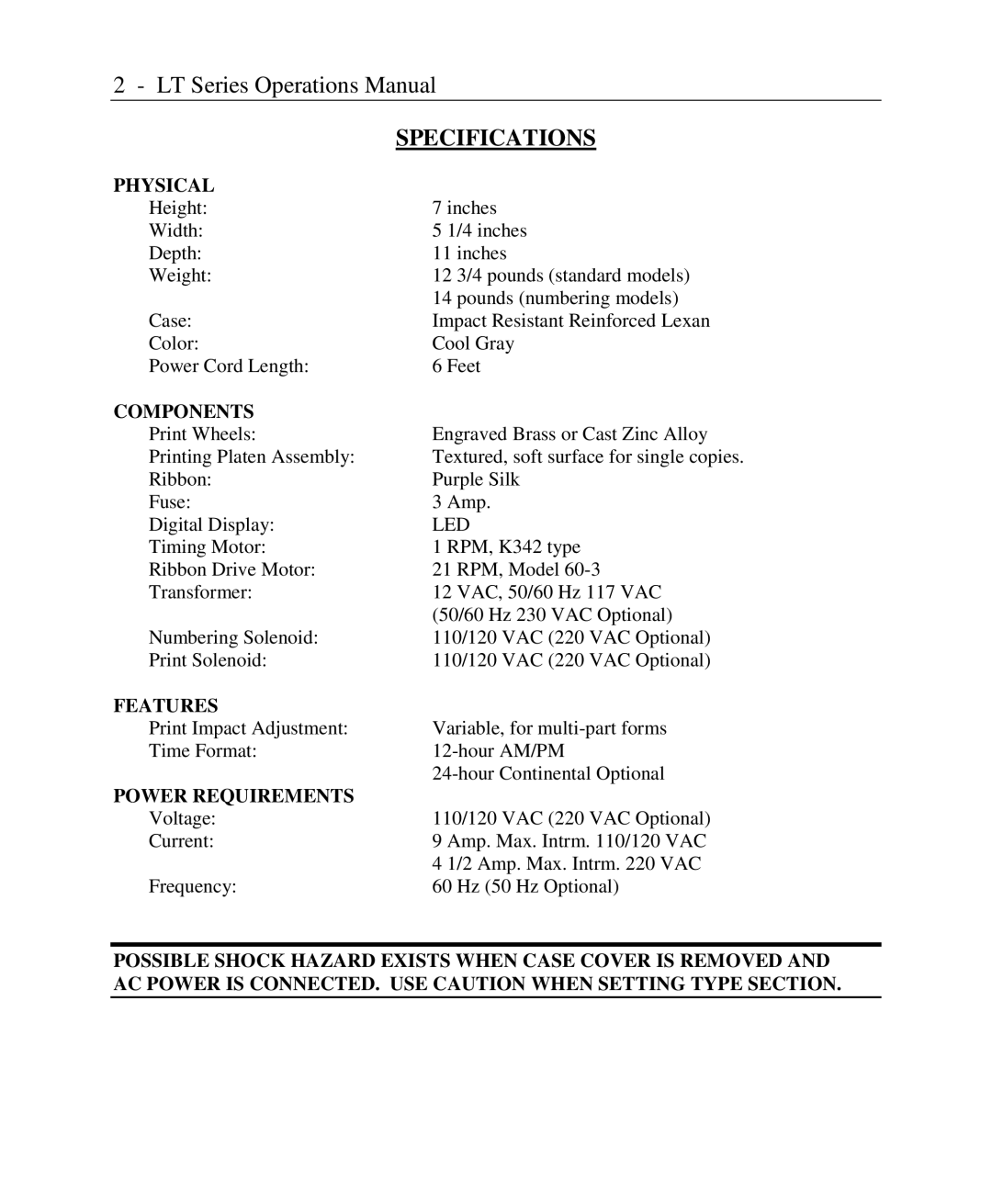 Lathem LTD, LTN, LTTNC, LT Series, LTTC user manual Specifications, Physical 