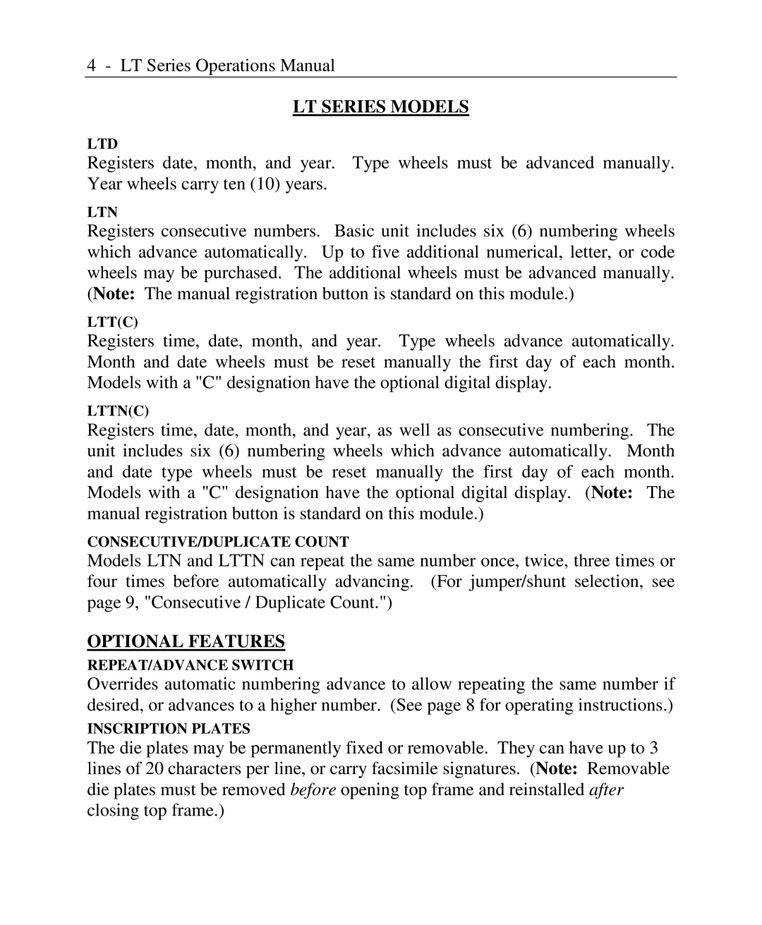 Lathem LTN, LTTNC, LTD, LTTC user manual LT Series Models, Optional Features 