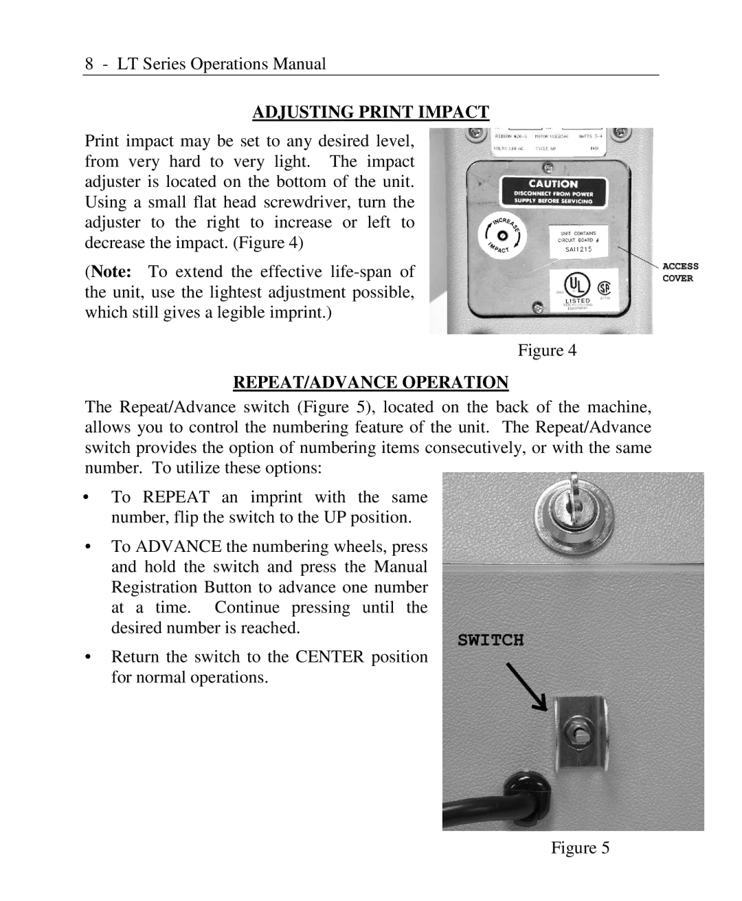 Lathem LTTNC, LTN, LTD, LT Series, LTTC user manual Adjusting Print Impact, REPEAT/ADVANCE Operation 