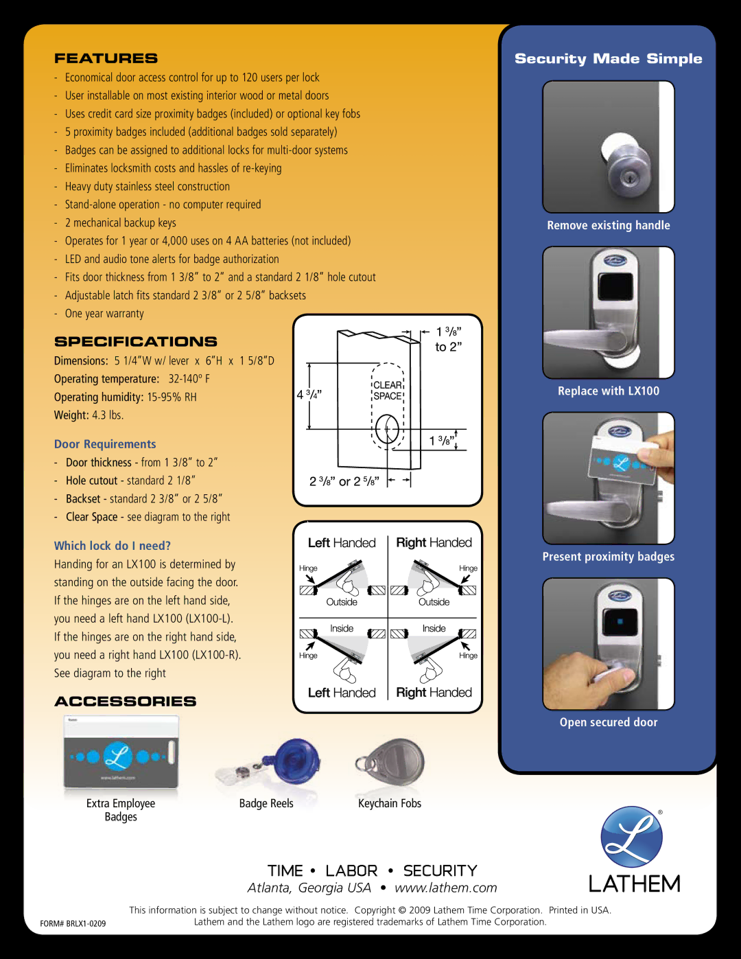 Lathem LX100 manual Lathem, Time Labor Security, Features, Specifications, Accessories 