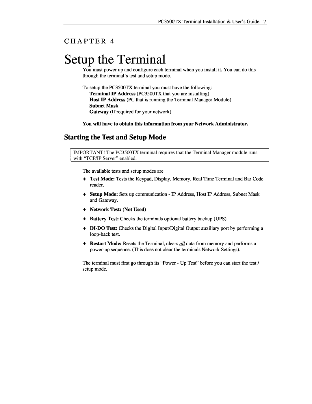 Lathem PC3500TX Setup the Terminal, Starting the Test and Setup Mode, Subnet Mask, Network Test Not Used, C H A P T E R 