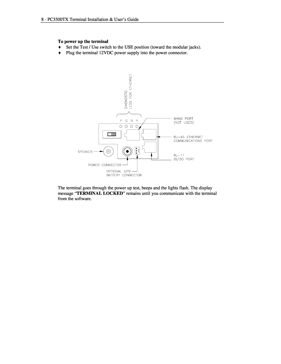 Lathem manual To power up the terminal, PC3500TX Terminal Installation & User’s Guide 
