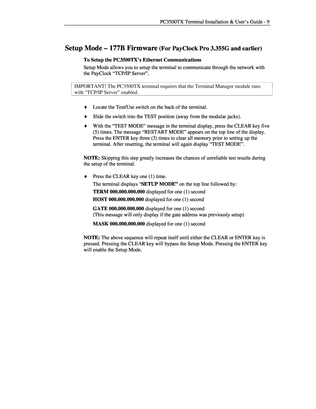 Lathem PC3500TX manual Setup Mode - 177B Firmware For PayClock Pro 3.355G and earlier 