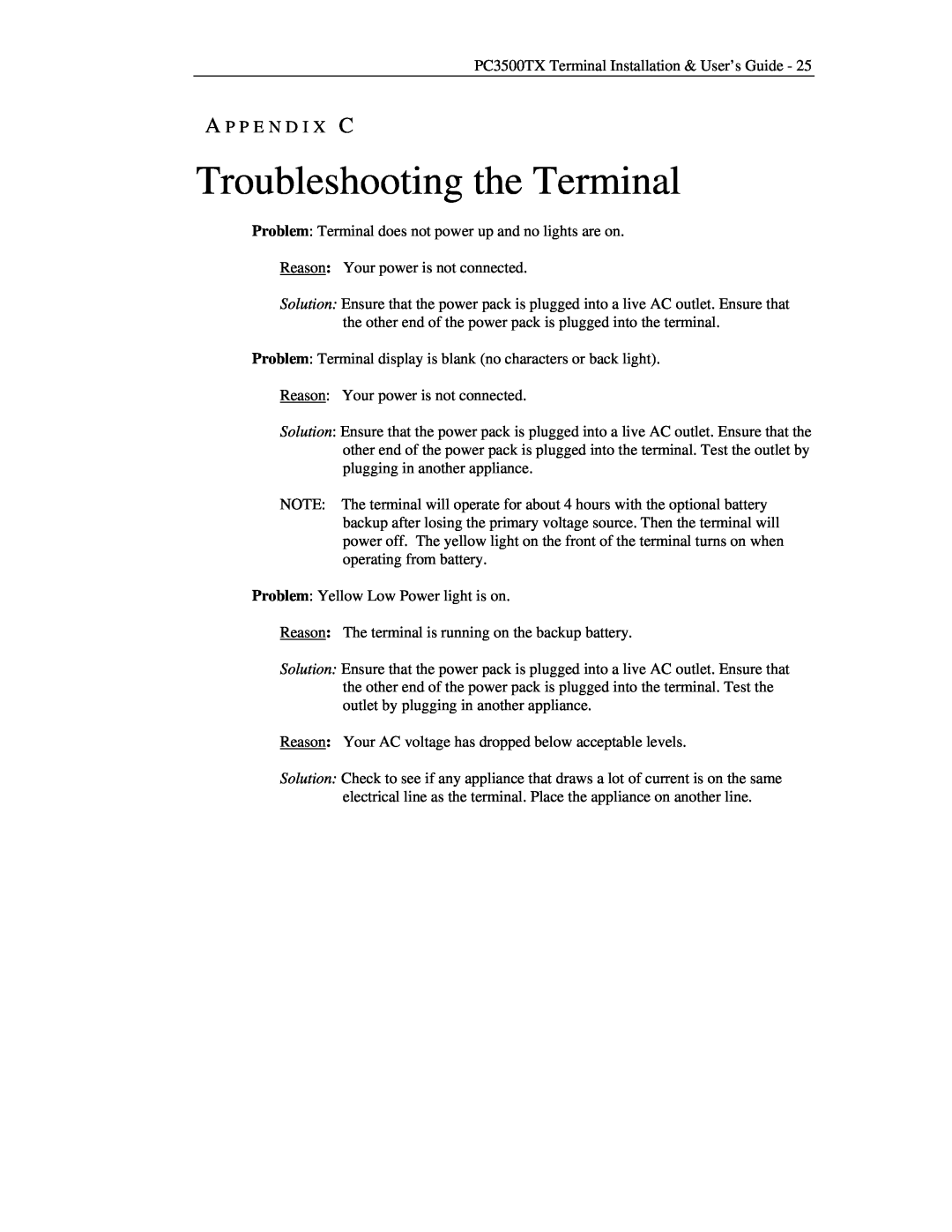 Lathem PC3500TX manual Troubleshooting the Terminal, A P P E N D I X C 