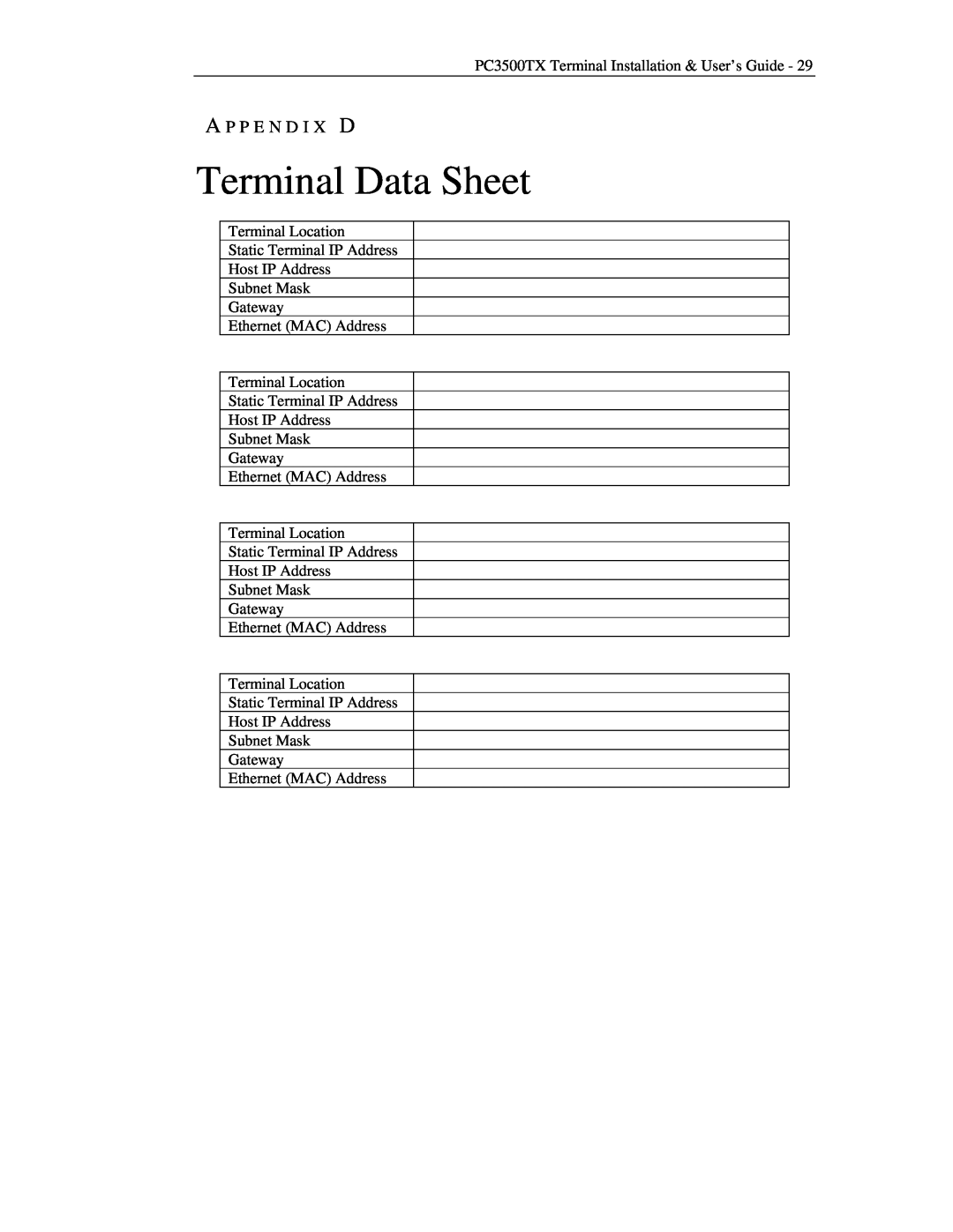 Lathem PC3500TX manual Terminal Data Sheet, A P P E N D I X D 