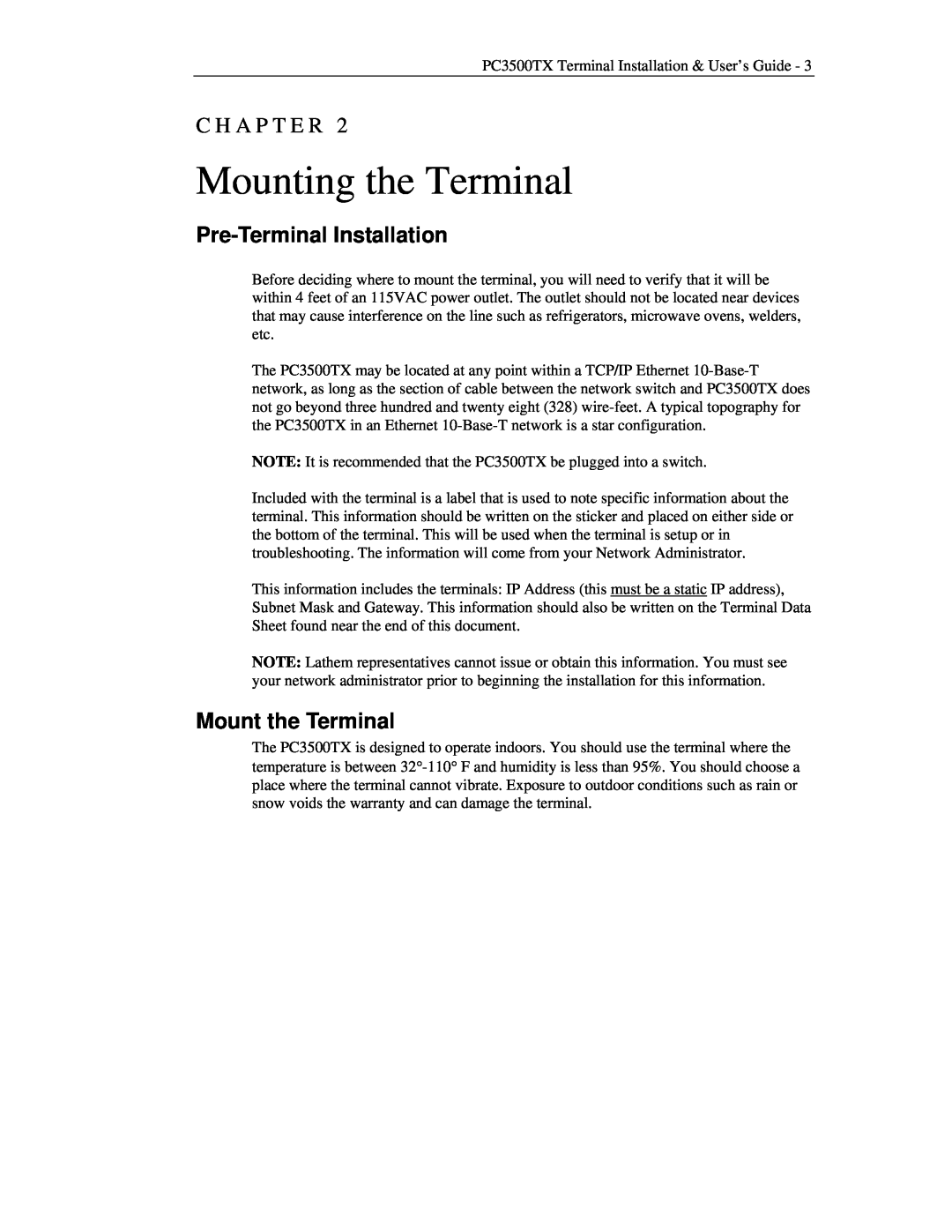 Lathem PC3500TX manual Mounting the Terminal, Pre-Terminal Installation, Mount the Terminal, C H A P T E R 