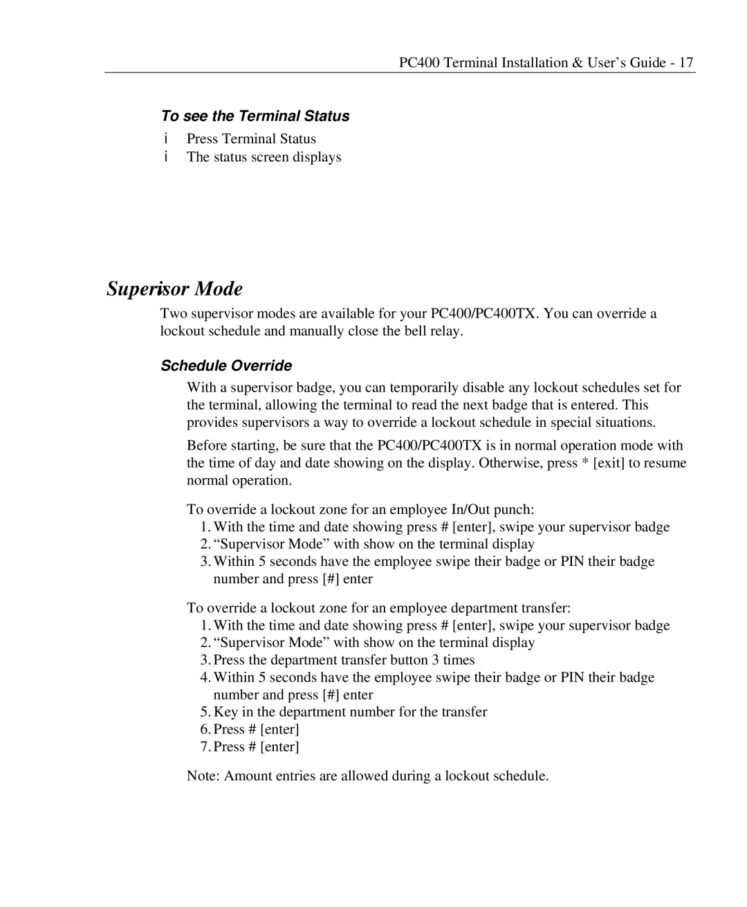 Lathem PC400TX manual Supervisor Mode, Schedule Override 