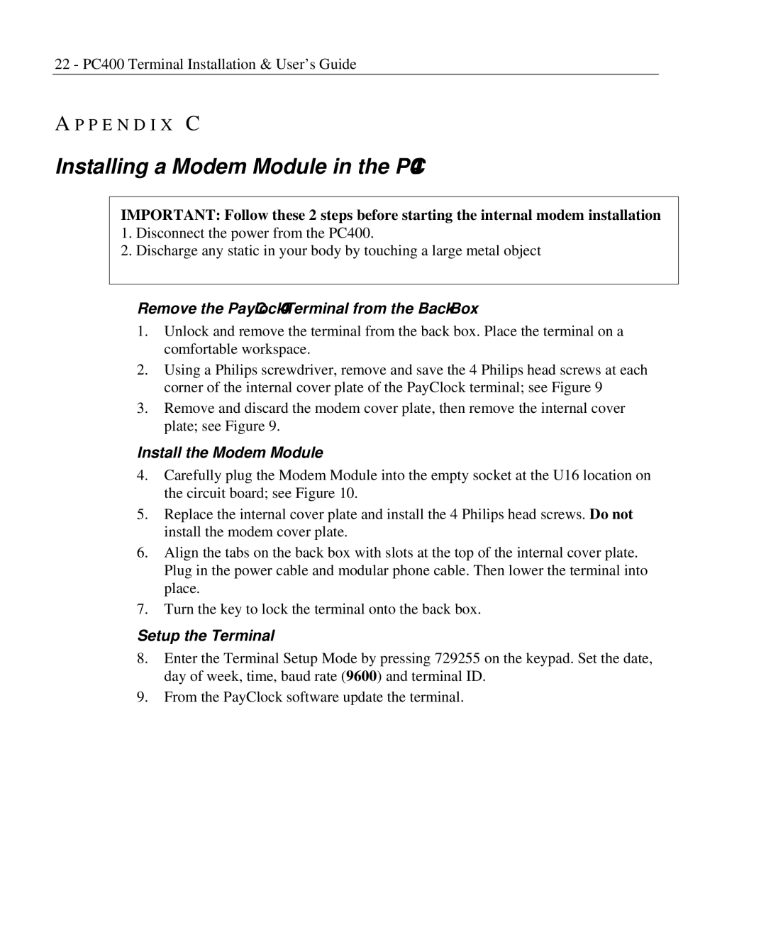 Lathem PC400TX manual Installing a Modem Module in the PC400, ¾ Remove the PayClock 400 Terminal from the Back Box 