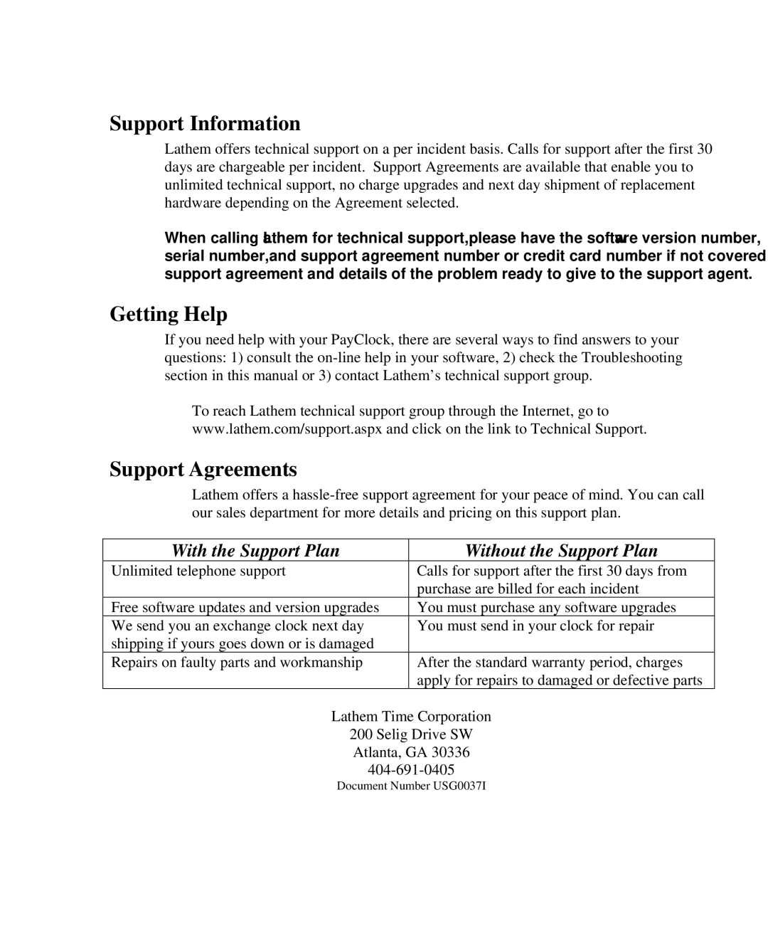 Lathem PC400TX manual Support Information, Getting Help, Support Agreements 