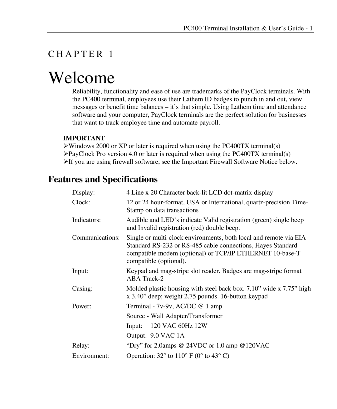 Lathem PC400TX manual Welcome, Features and Specifications 