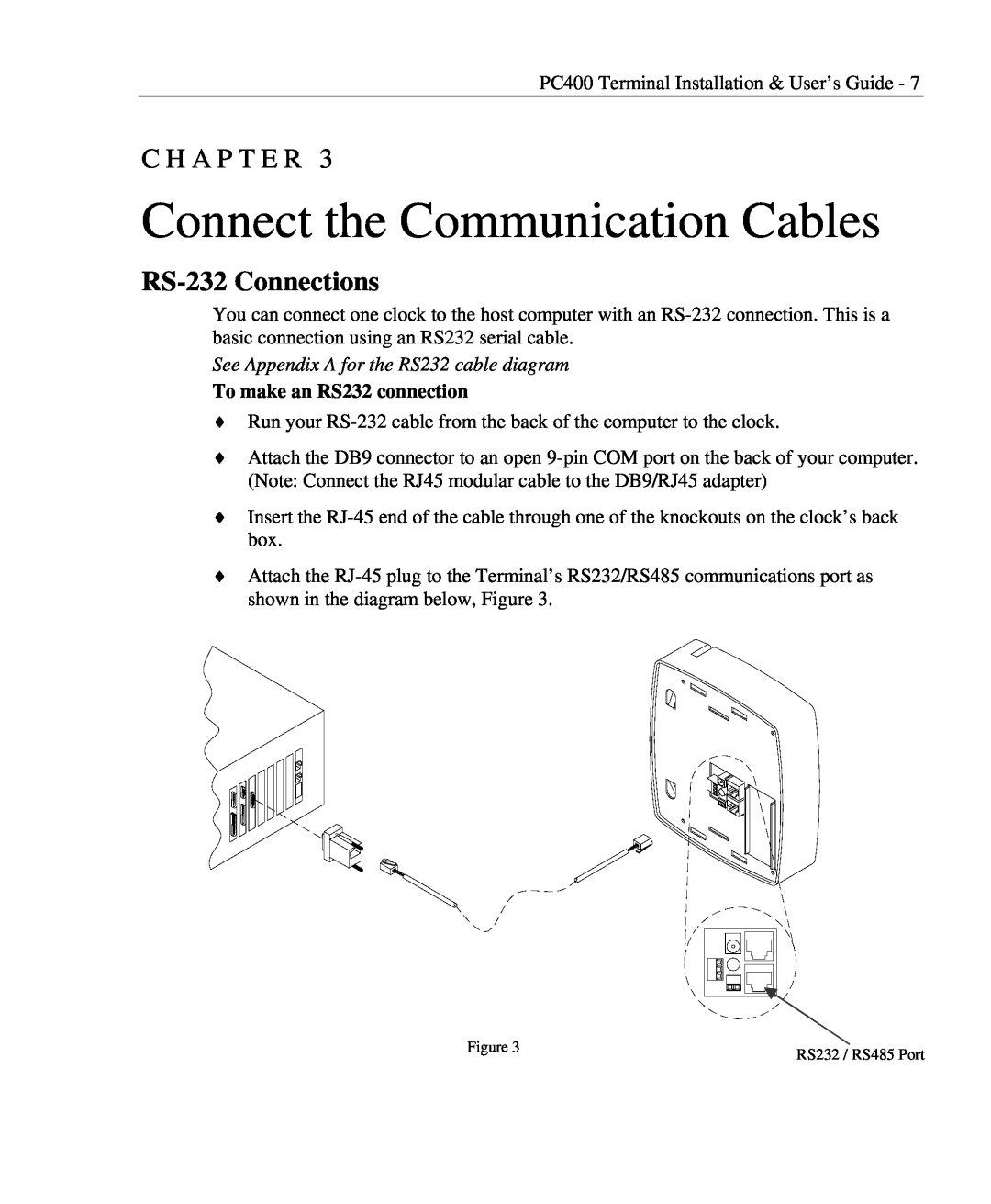 Lathem PC400TX manual Connect the Communication Cables, RS-232 Connections, To make an RS232 connection, C H A P T E R 