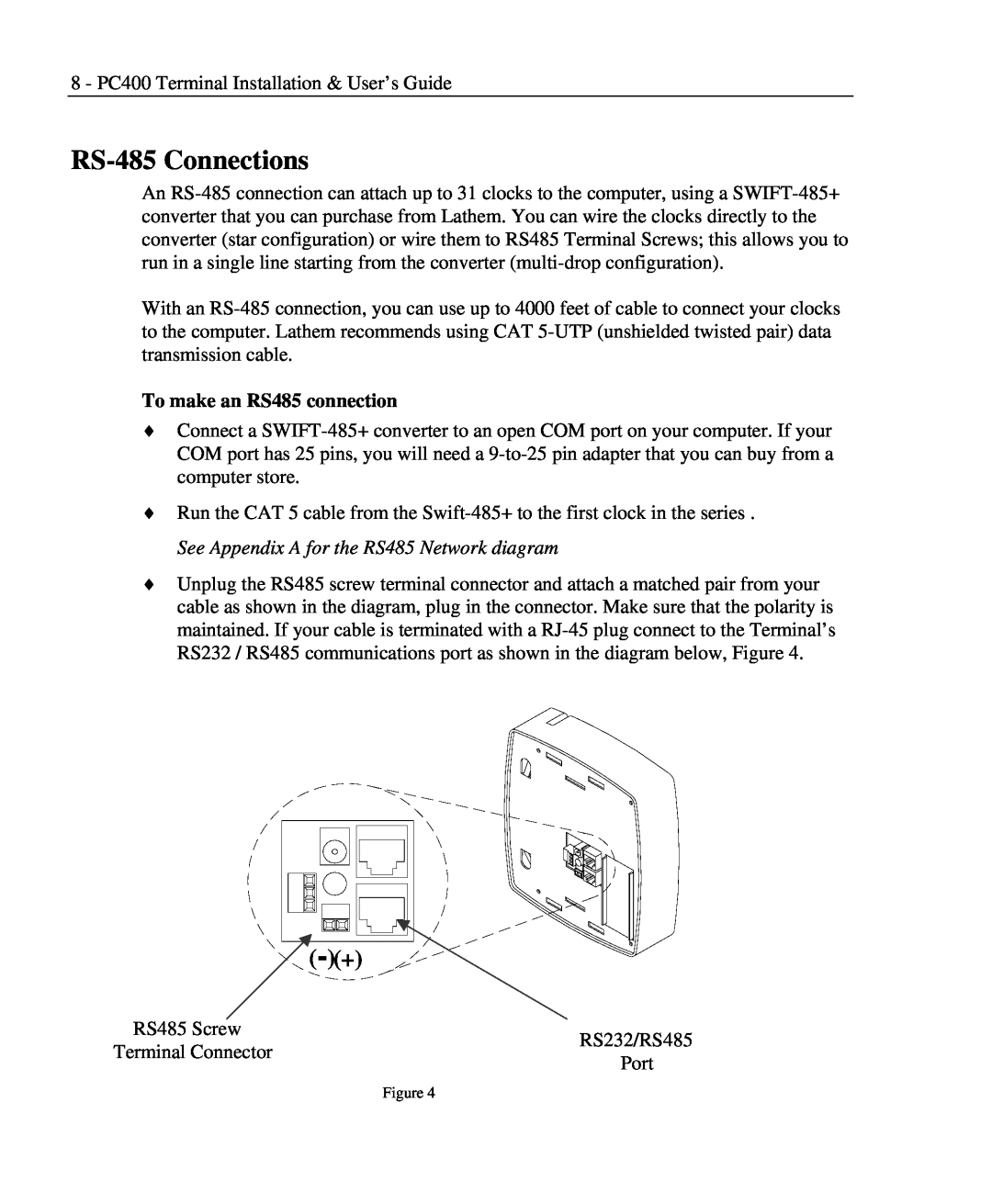 Lathem PC400TX manual RS-485 Connections, To make an RS485 connection 