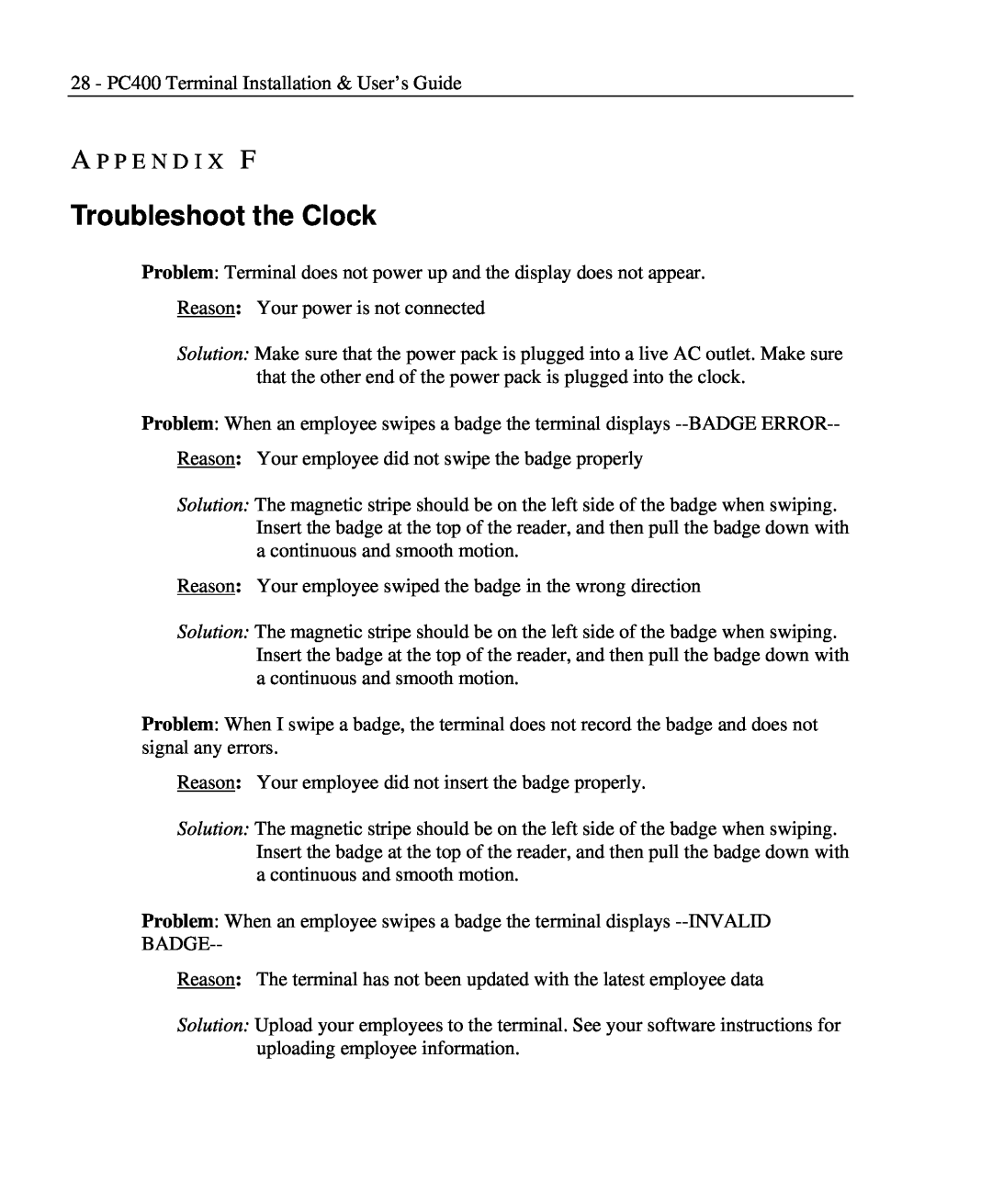 Lathem PC400TX manual Troubleshoot the Clock, A P P E N D I X F 