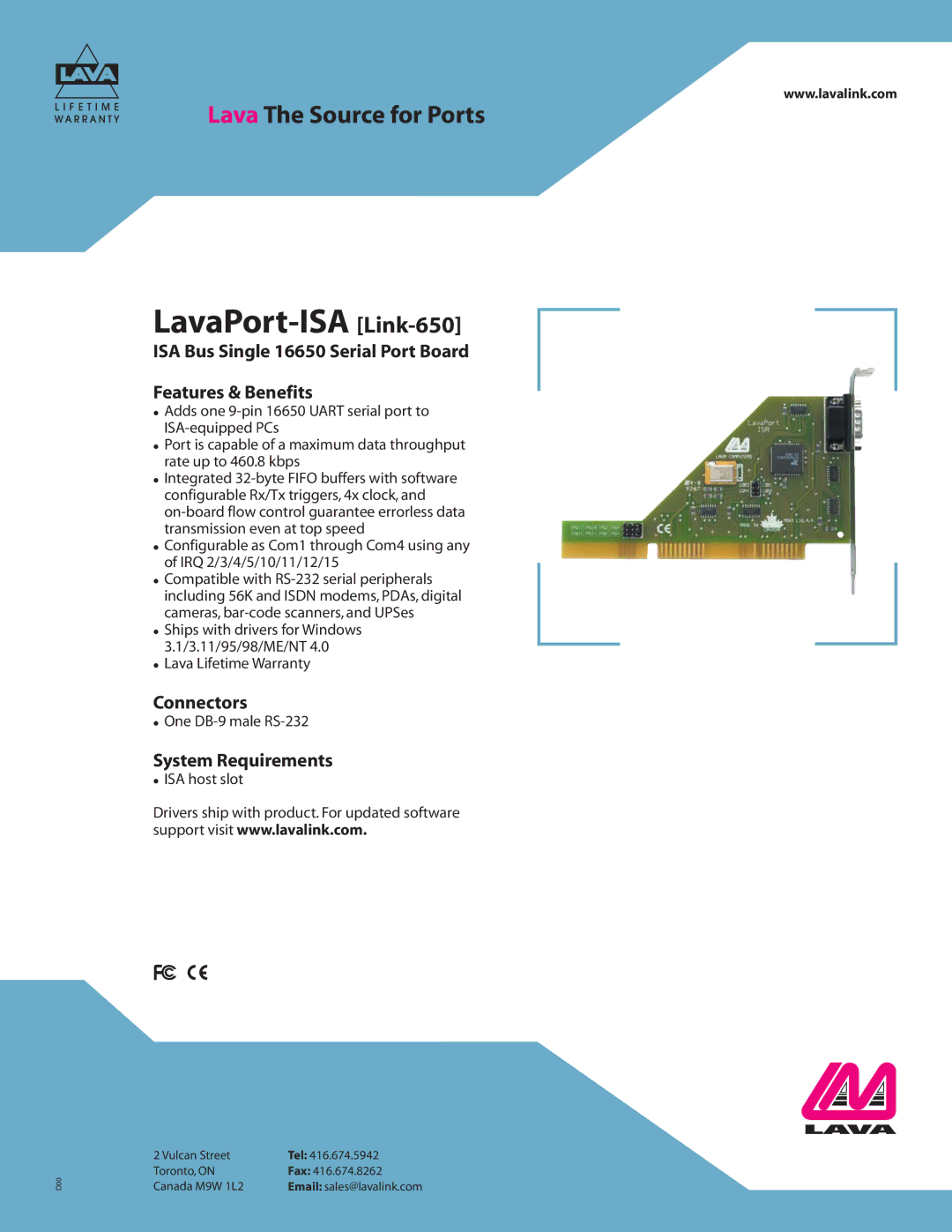 Lava Computer warranty LavaPort-ISA Link-650, ISA Bus Single 16650 Serial Port Board Features & Benefits, Connectors 