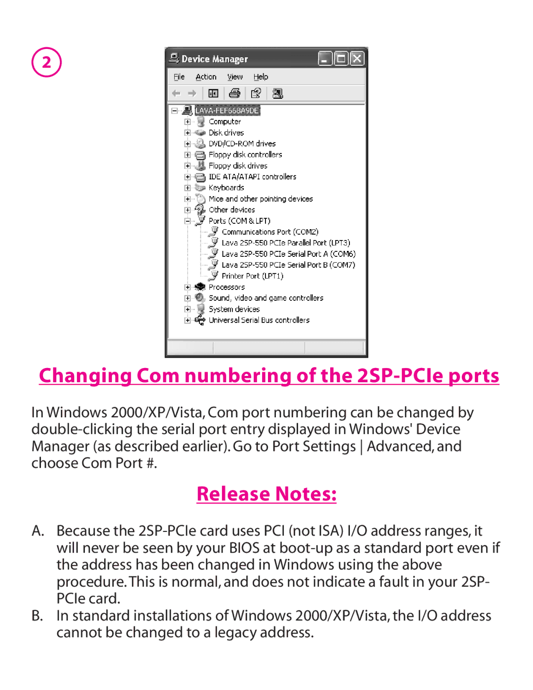 Lava Computer 2SP-550 manual Changing Com numbering of the 2SP-PCIe ports 