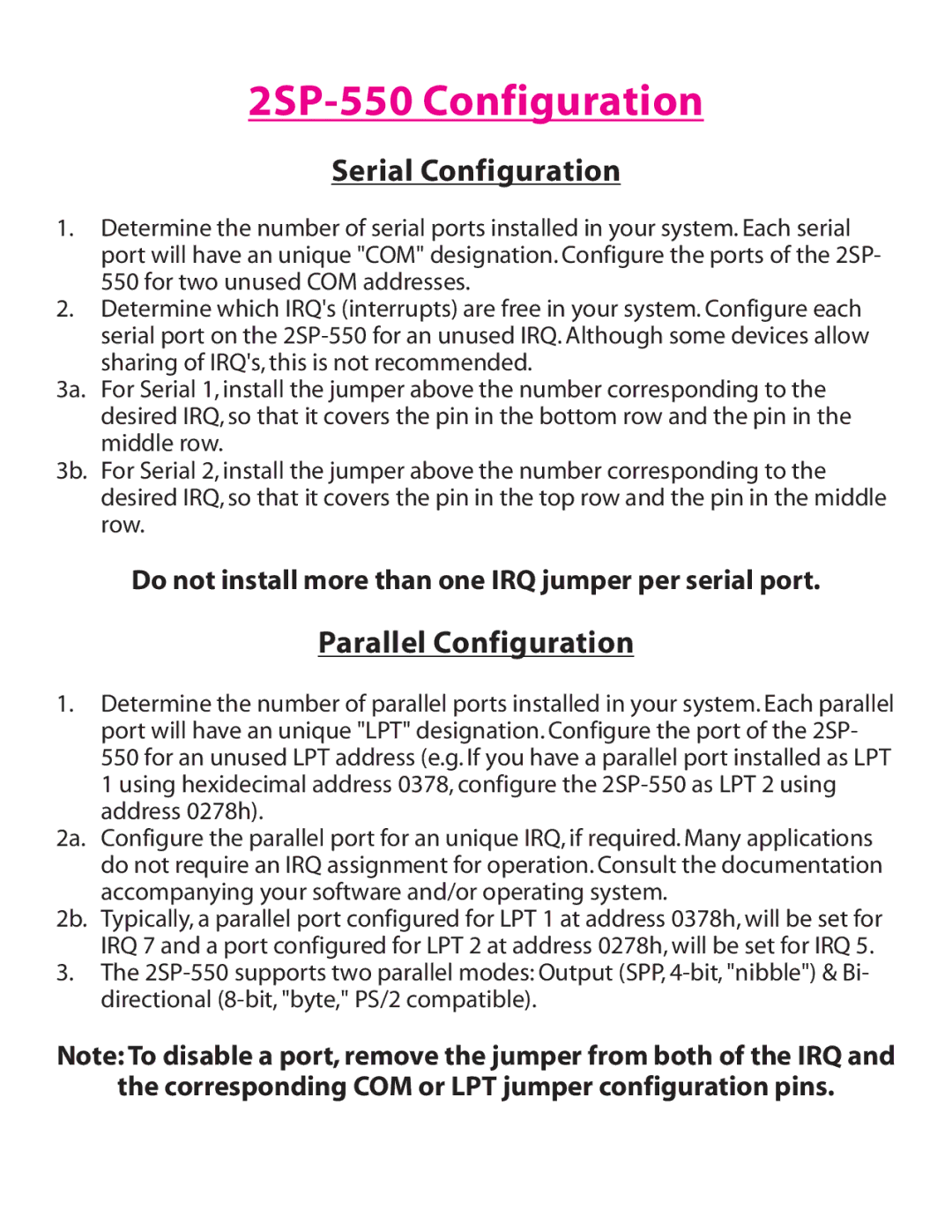 Lava Computer installation manual 2SP-550 Configuration, Serial Configuration 