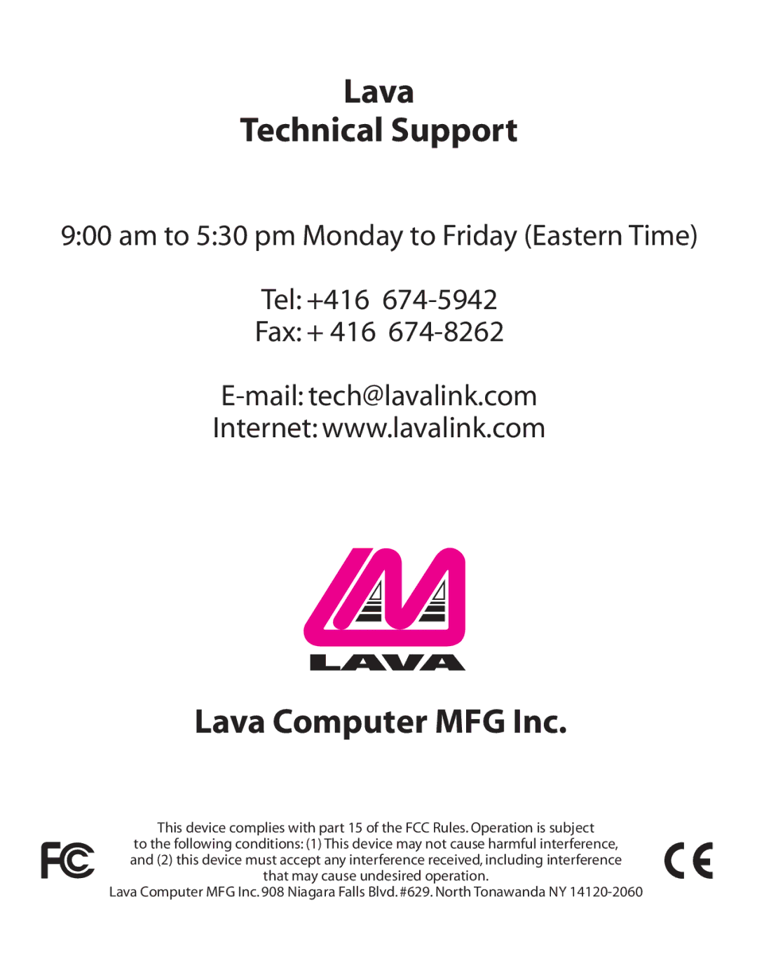 Lava Computer 2SP-550 installation manual Lava Technical Support 