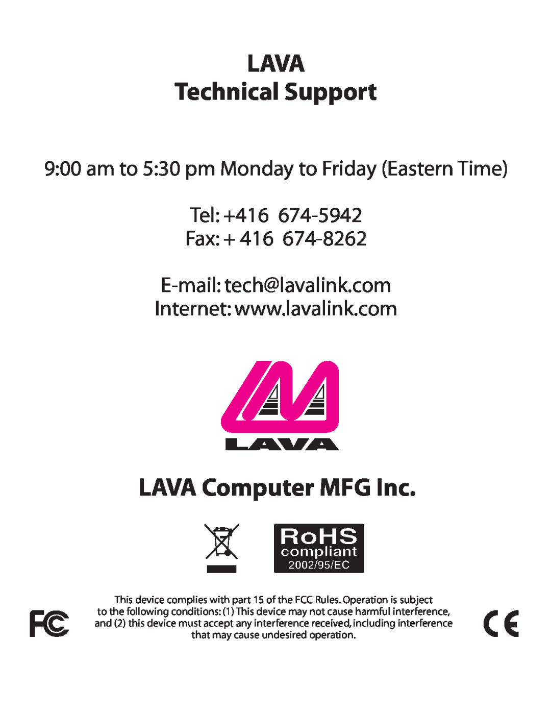 Lava Computer 2SP-550 manual LAVA Technical Support, LAVA Computer MFG Inc, E-mail tech@lavalink.com 