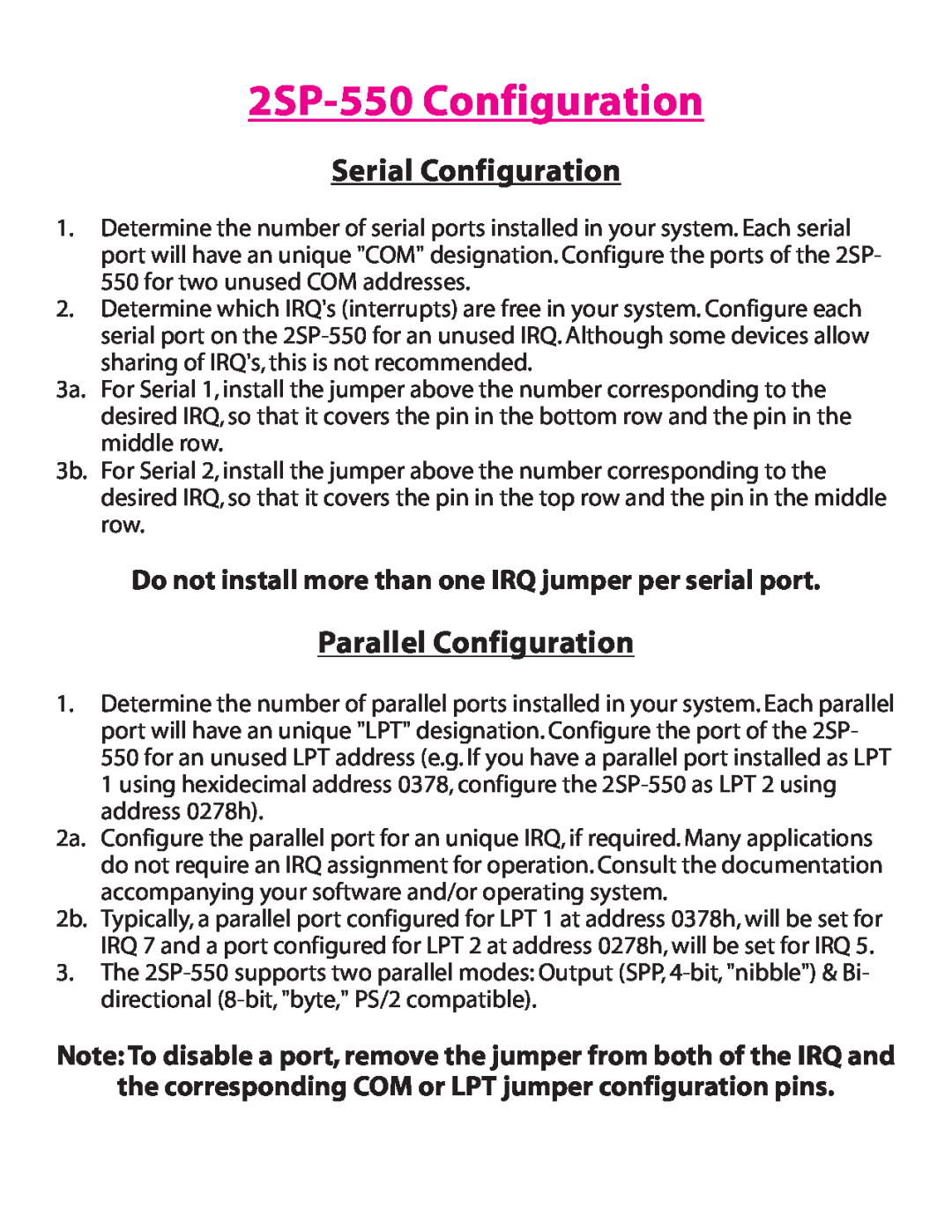 Lava Computer installation manual 2SP-550 Configuration, Serial Configuration, Parallel Configuration 