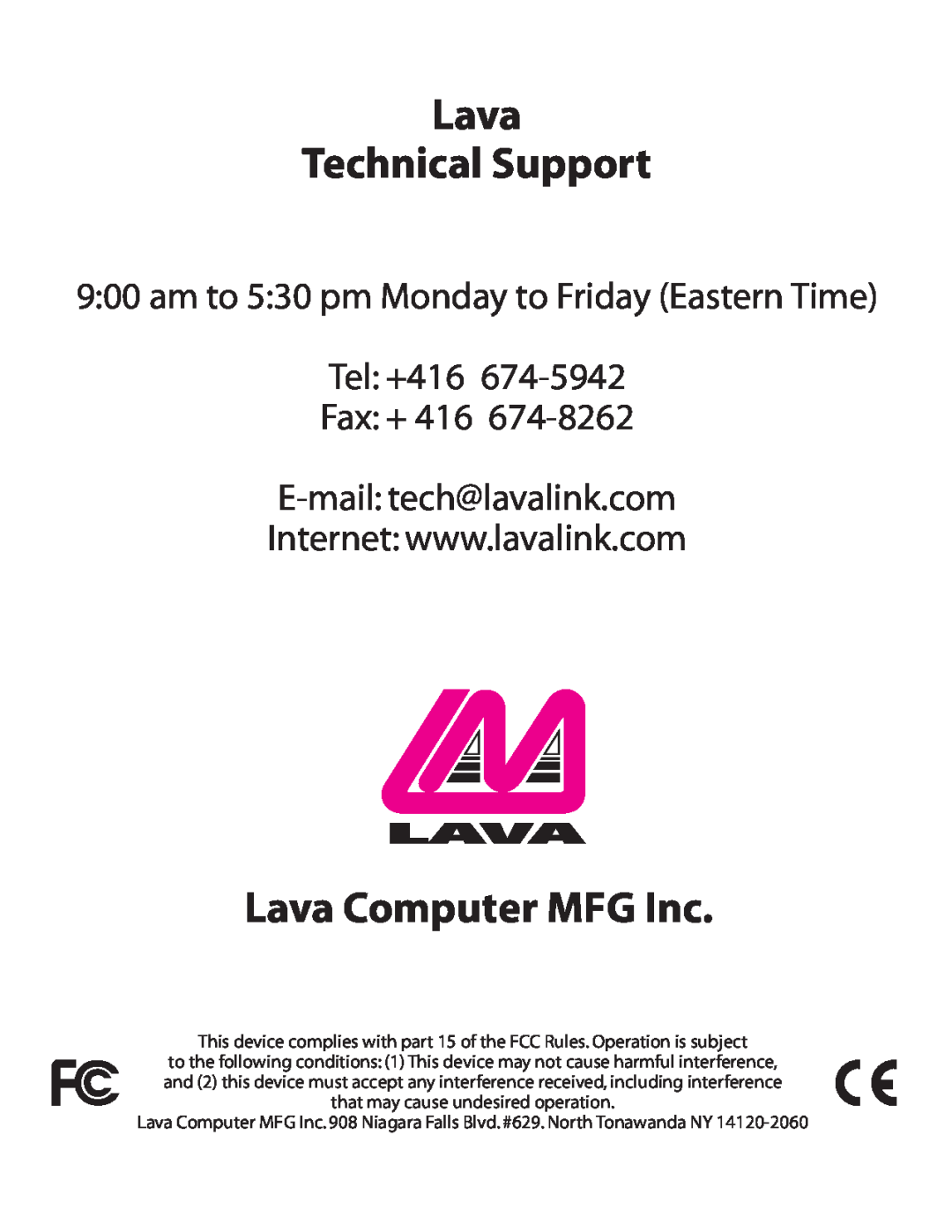 Lava Computer 2SP-550 installation manual Lava Technical Support, Lava Computer MFG Inc, E-mail tech@lavalink.com 