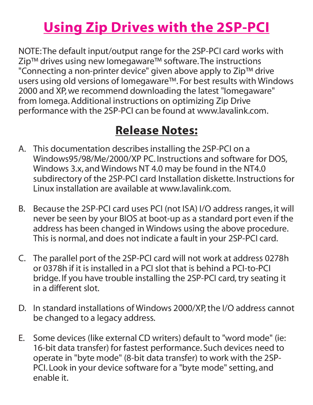 Lava Computer installation manual Using Zip Drives with the 2SP-PCI, Release Notes 