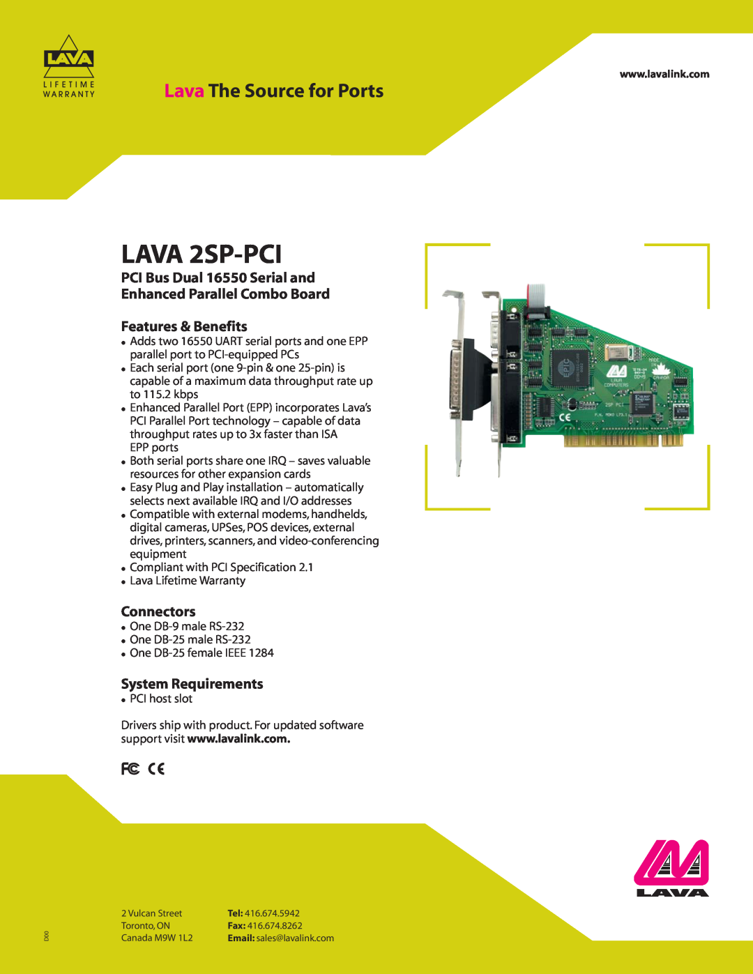 Lava Computer warranty LAVA 2SP-PCI, Lava The Source for Ports, Features & Benefits, Connectors, System Requirements 