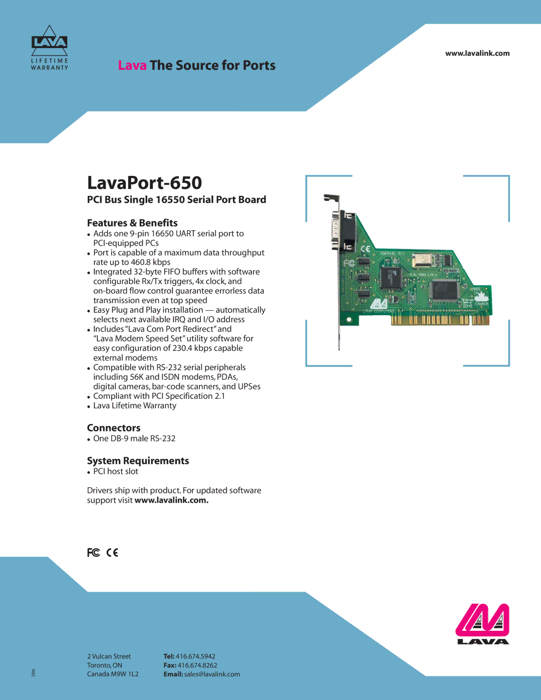 Lava Computer warranty LavaPort-650, PCI Bus Single 16550 Serial Port Board Features & Benefits, Connectors 