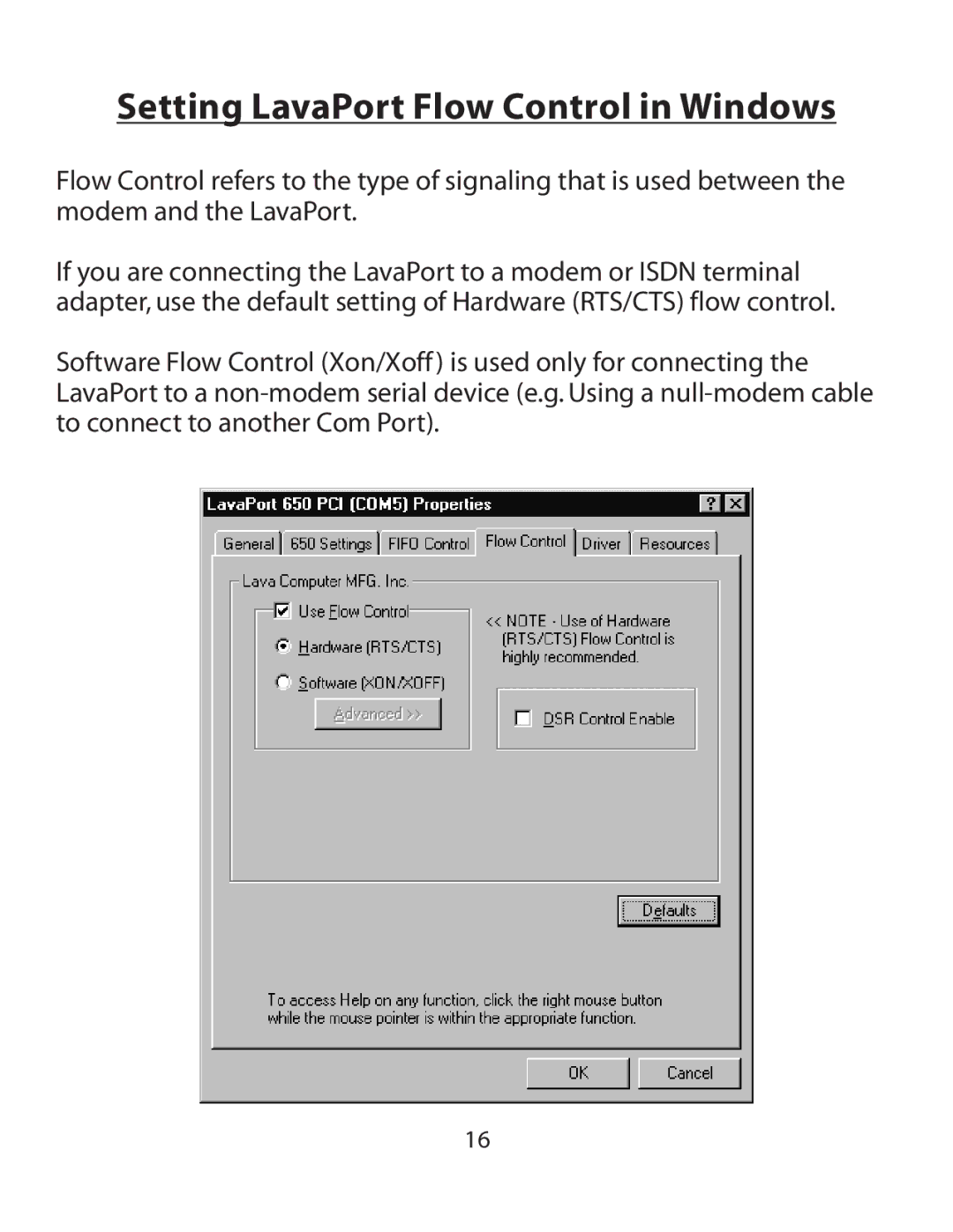 Lava Computer 650 installation manual Setting LavaPort Flow Control in Windows 