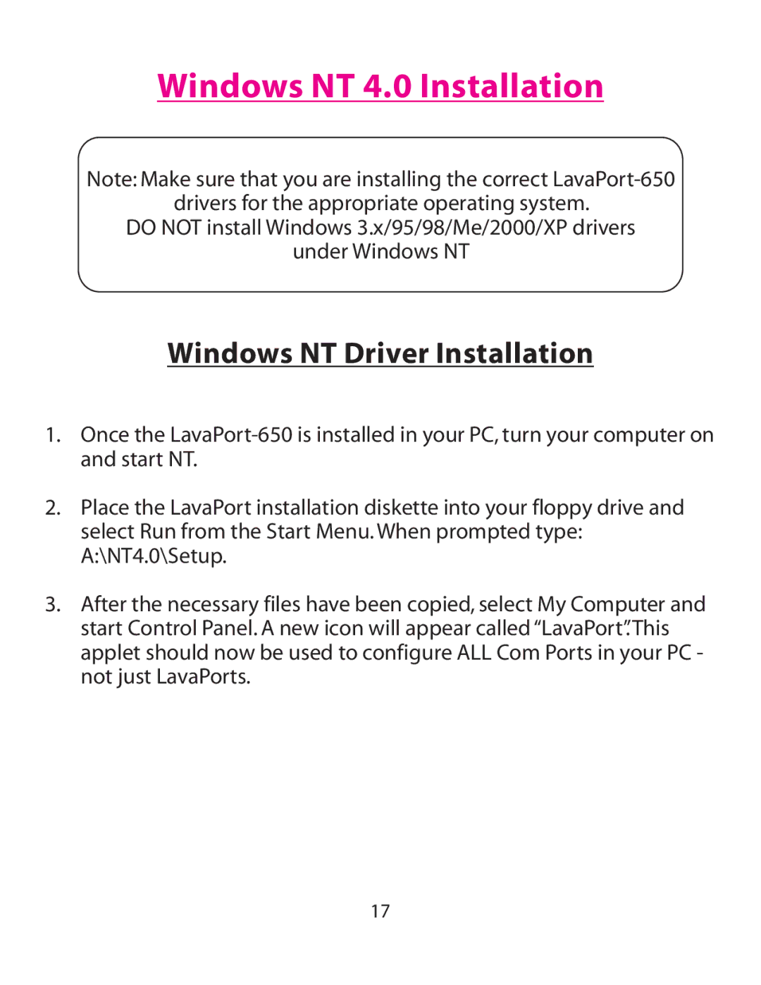 Lava Computer 650 installation manual Windows NT 4.0 Installation, Windows NT Driver Installation 