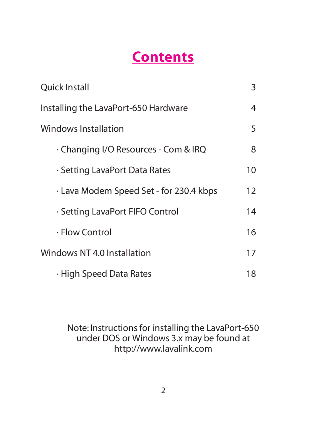 Lava Computer 650 installation manual Contents 