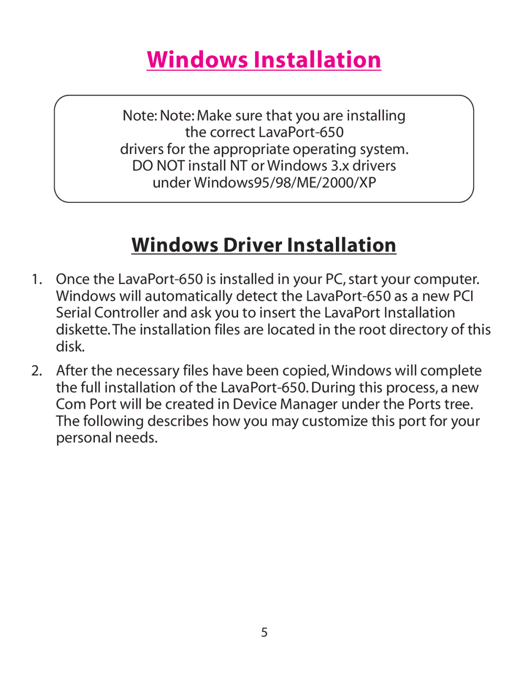 Lava Computer 650 installation manual Windows Installation, Windows Driver Installation 