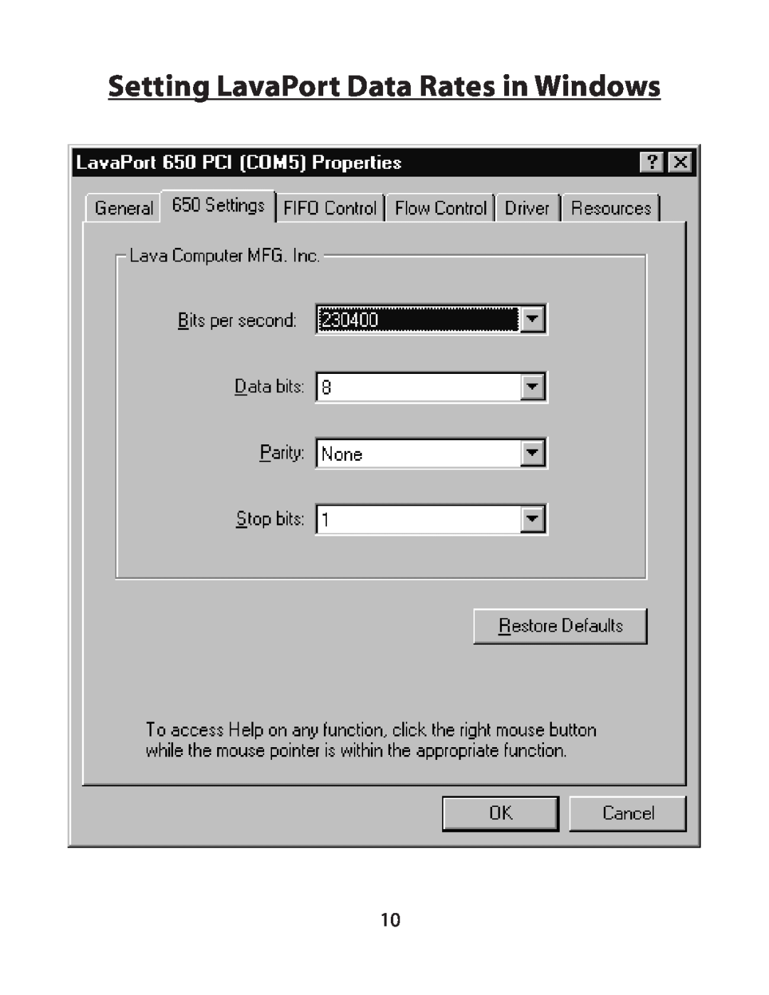 Lava Computer 650 installation manual Setting LavaPort Data Rates in Windows 