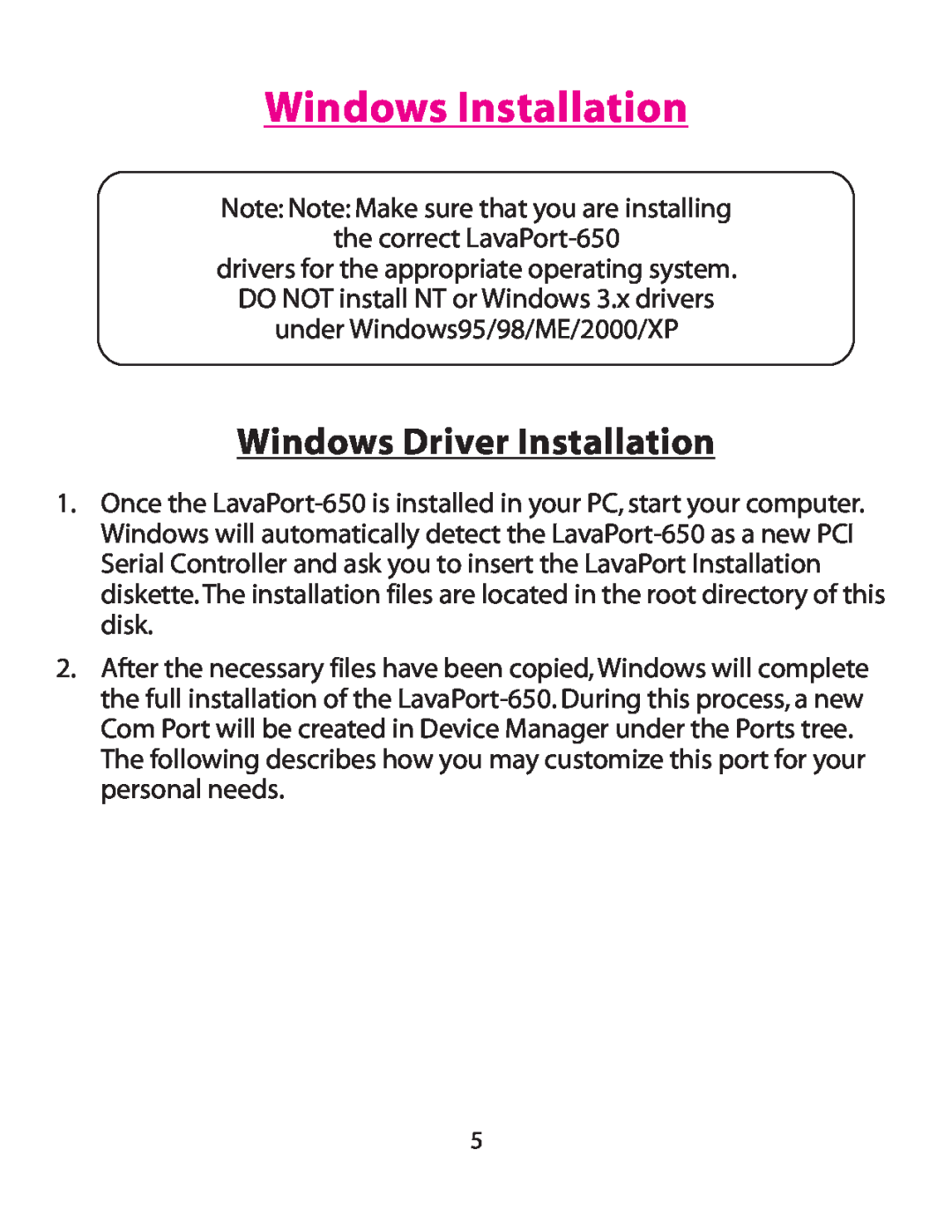 Lava Computer 650 installation manual Windows Installation, Windows Driver Installation 