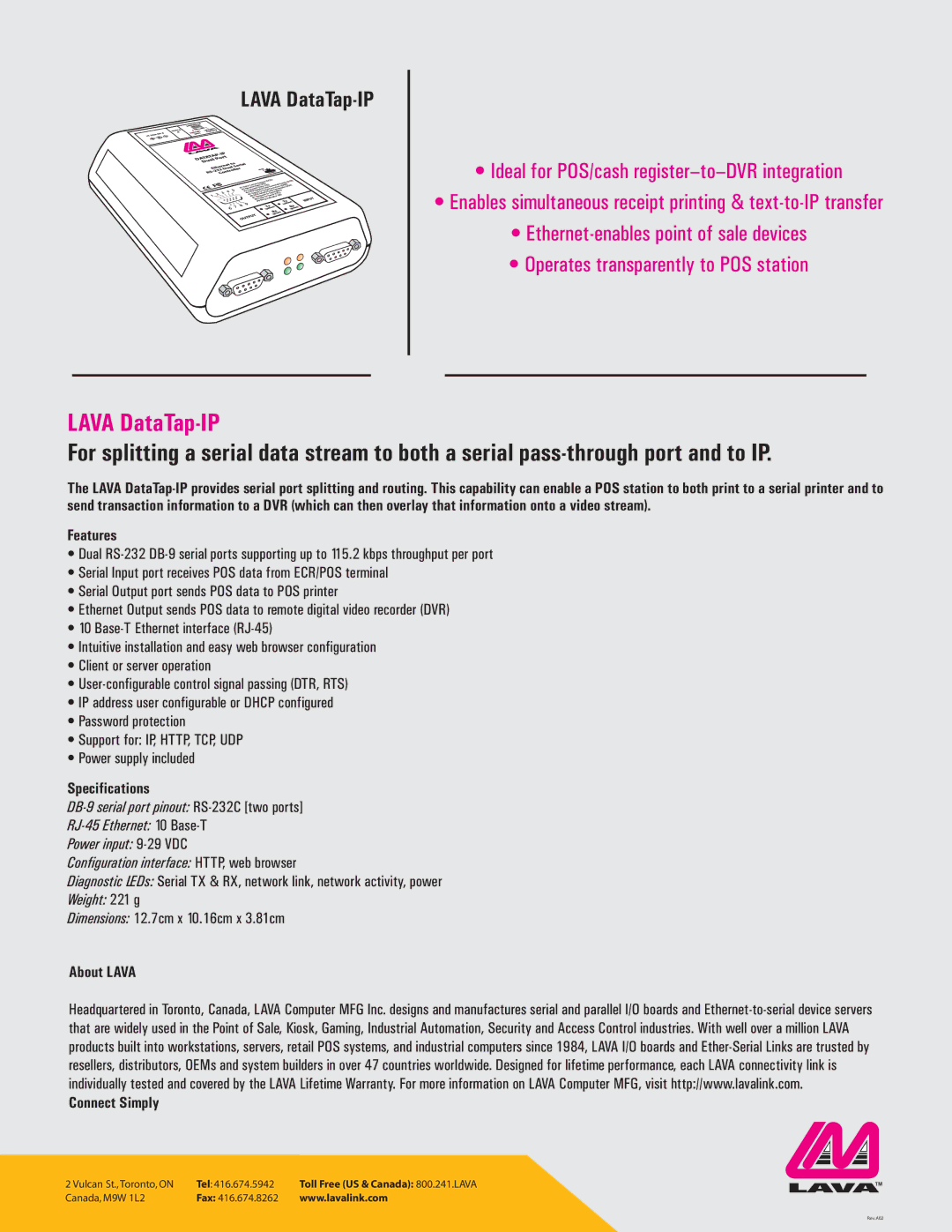 Lava Computer DATATAP-IP manual Features, Specifications, About Lava Connect Simply 