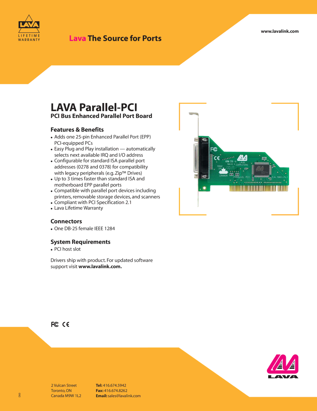 Lava Computer DB-25 warranty Lava Parallel-PCI, PCI Bus Enhanced Parallel Port Board Features & Benefits, Connectors 