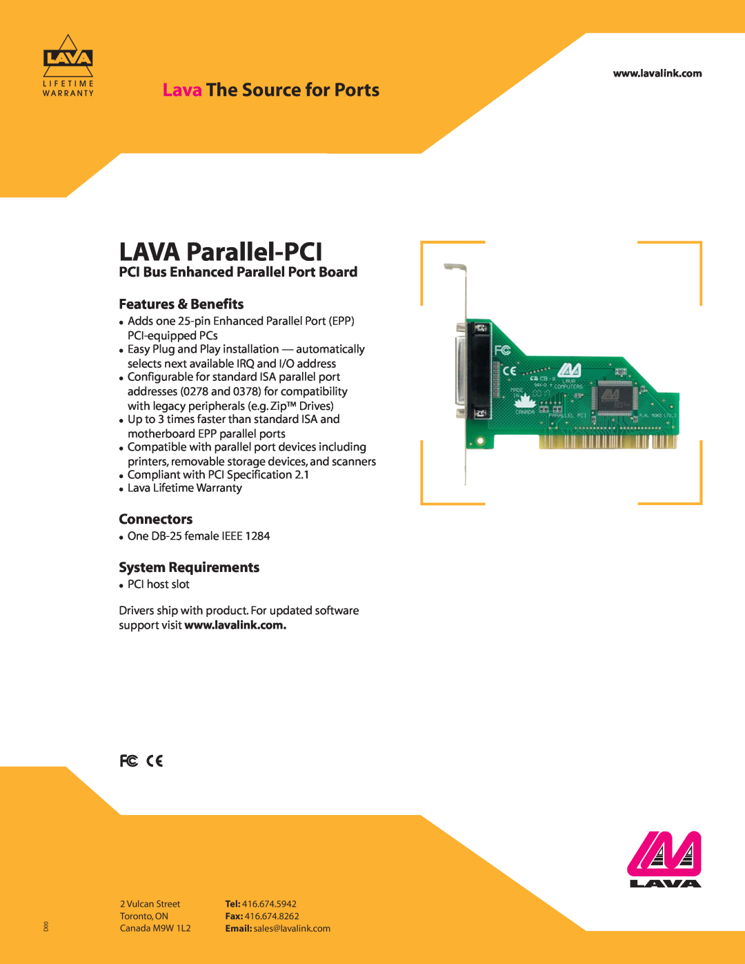 Lava Computer DB-25 warranty LAVA Parallel-PCI, Lava The Source for Ports, Connectors, System Requirements 