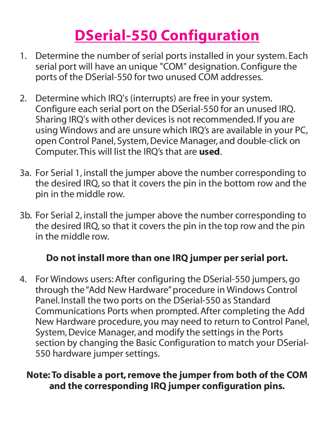 Lava Computer installation manual DSerial-550 Configuration, Do not install more than one IRQ jumper per serial port 