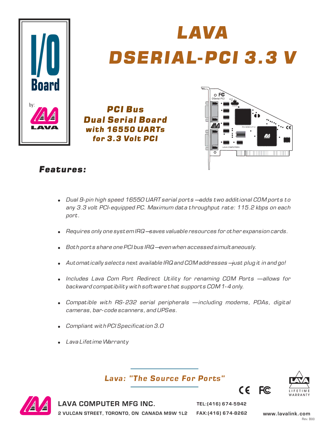 Lava Computer DSERIAL-PCI 3.3 V warranty Lava DSERIAL-PCI 3.3, PCI Bus Dual Serial Board, Features 