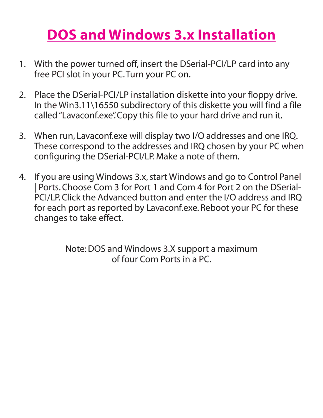 Lava Computer DSerial-PCI/LP Card manual DOS and Windows 3.x Installation 