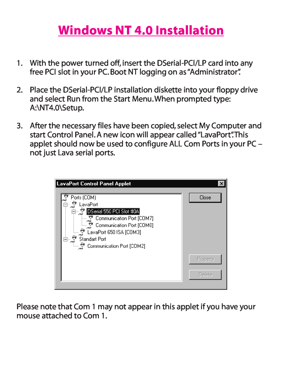 Lava Computer DSerial-PCI/LP Card manual Windows NT 4.0 Installation 
