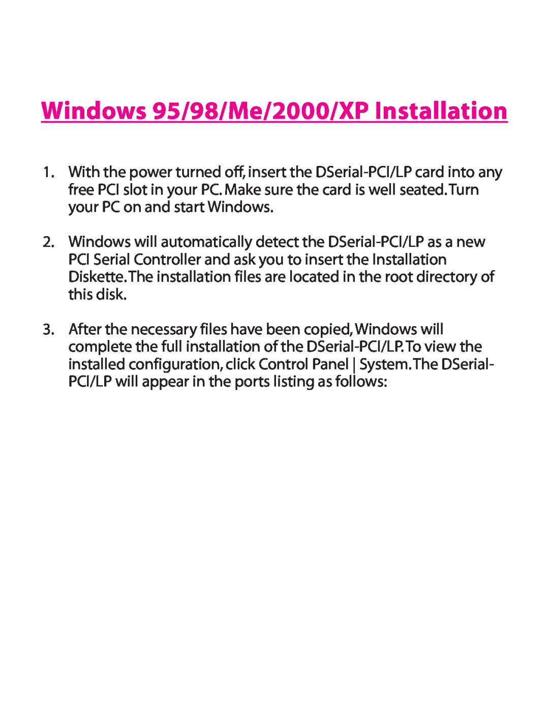 Lava Computer DSerial-PCI/LP Card manual Windows 95/98/Me/2000/XP Installation 