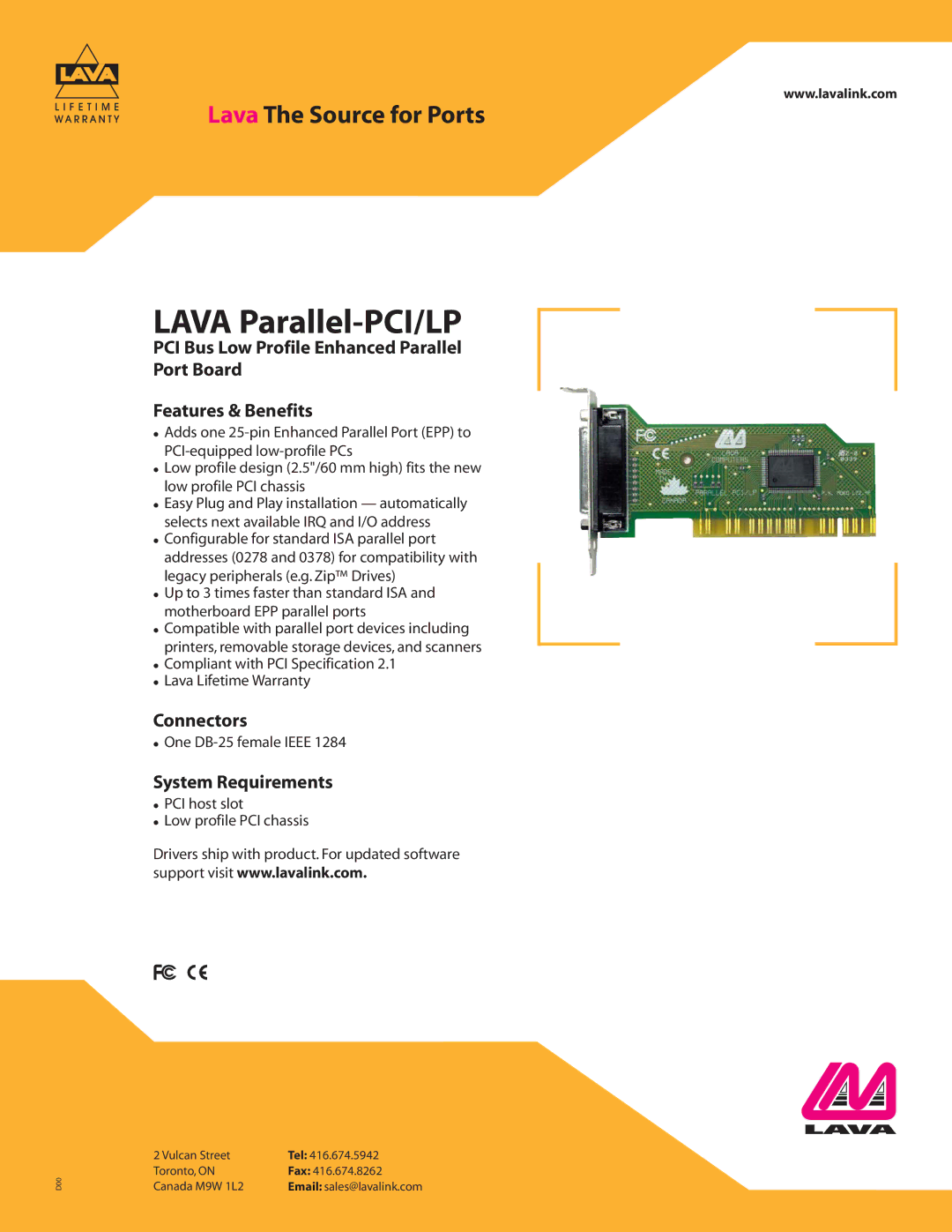 Lava Computer Enhanced Parallel Port Board warranty Lava Parallel-PCI/LP, Connectors, System Requirements 