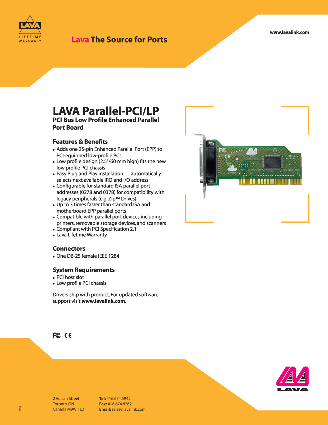 Lava Computer Enhanced Parallel Port Board warranty LAVA Parallel-PCI/LP, Lava The Source for Ports, Connectors 