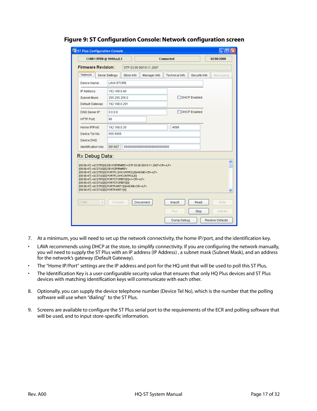 Lava Computer HQ-ST Link system manual ST Configuration Console Network configuration screen 