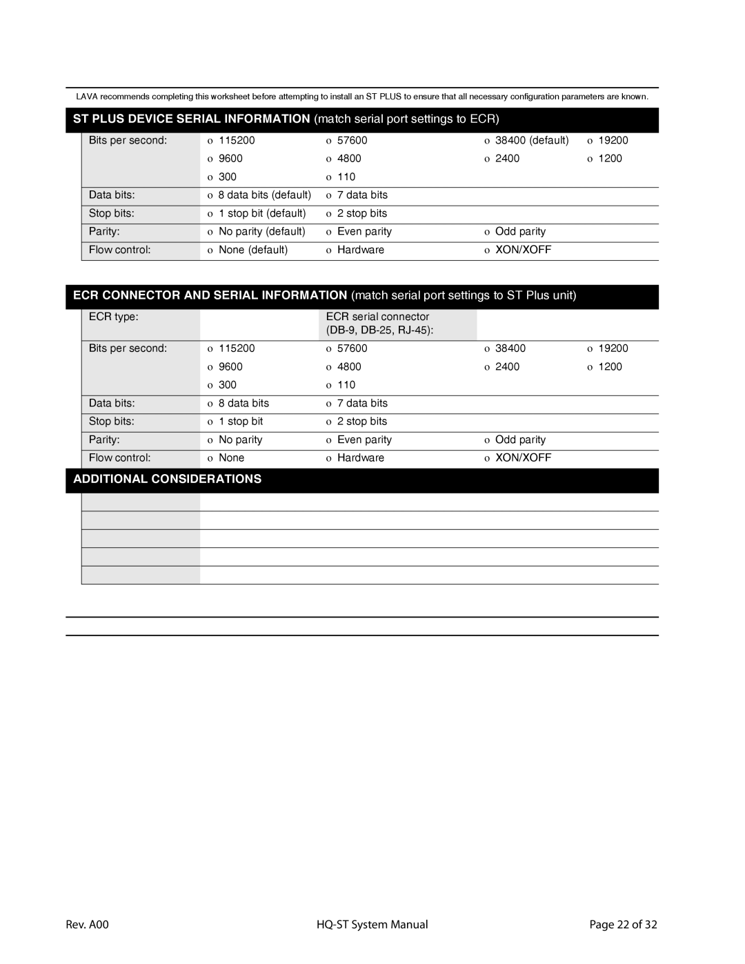 Lava Computer HQ-ST Link system manual Additional Considerations 