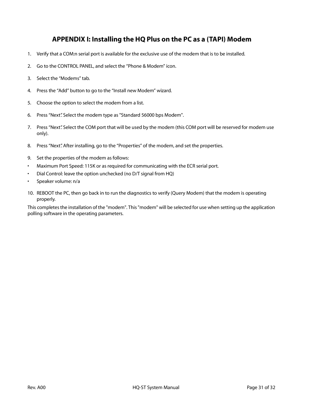 Lava Computer HQ-ST Link system manual Appendix I Installing the HQ Plus on the PC as a Tapi Modem 