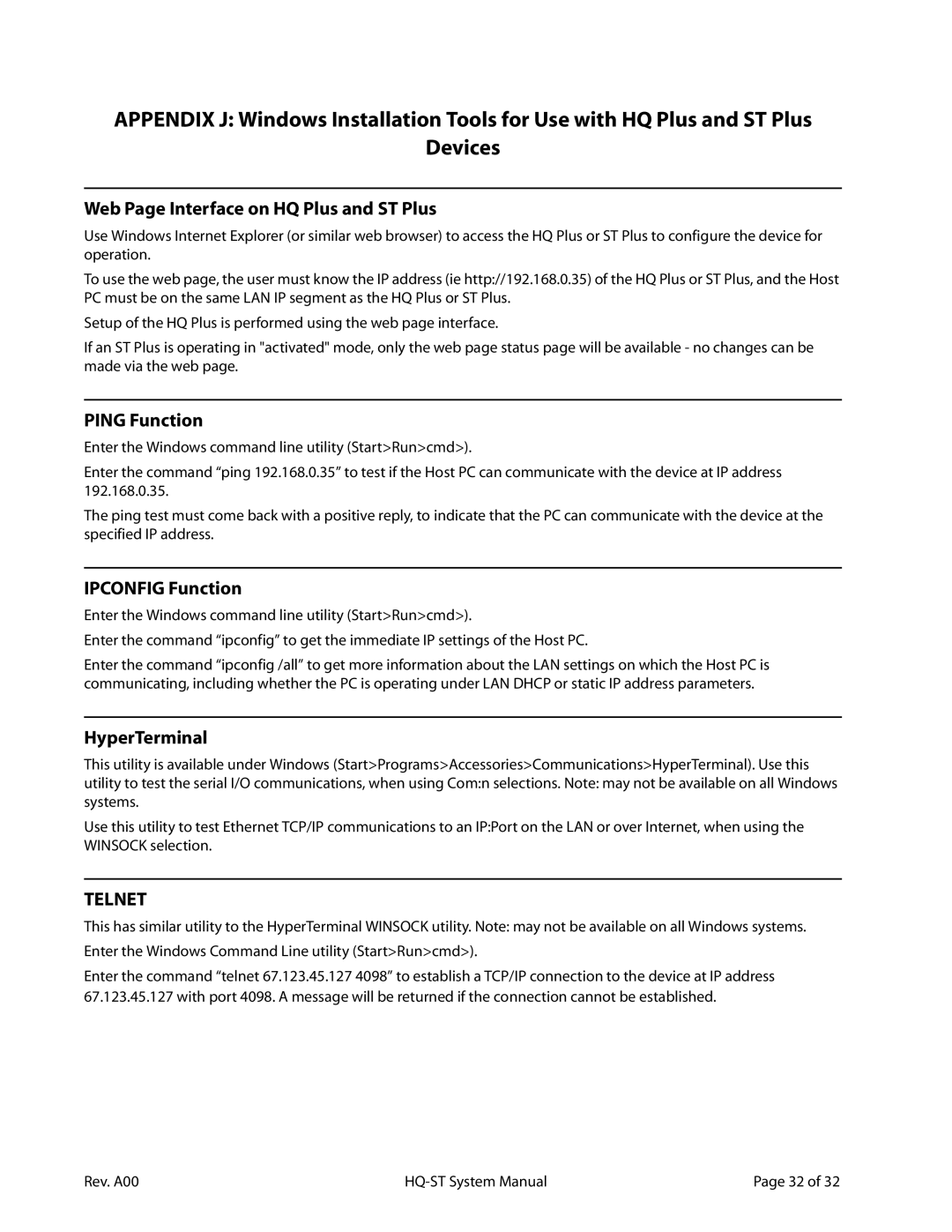 Lava Computer HQ-ST Link Web Page Interface on HQ Plus and ST Plus, Ping Function, Ipconfig Function, HyperTerminal 