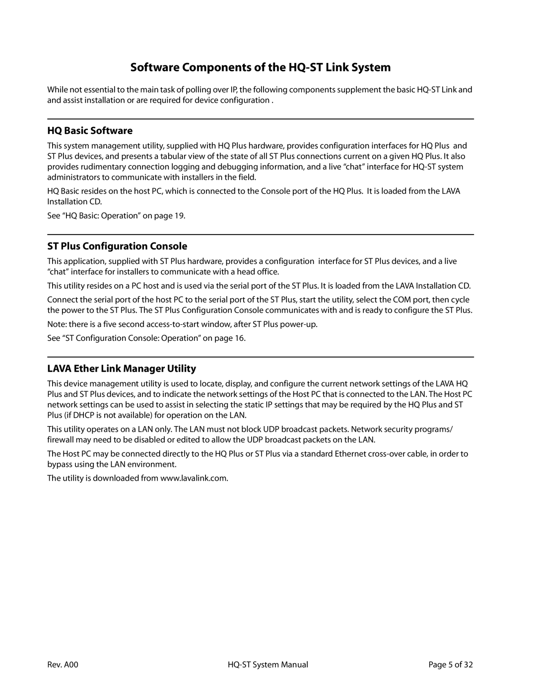 Lava Computer Software Components of the HQ-ST Link System, HQ Basic Software, ST Plus Configuration Console 