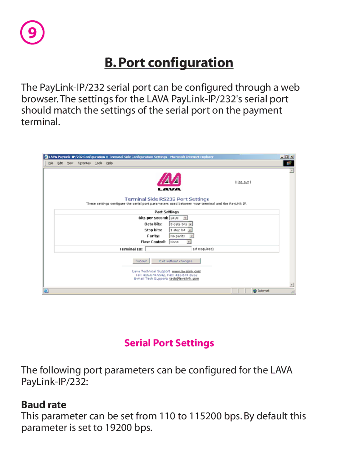 Lava Computer IP/232 manual Port configuration, Serial Port Settings, Baud rate 